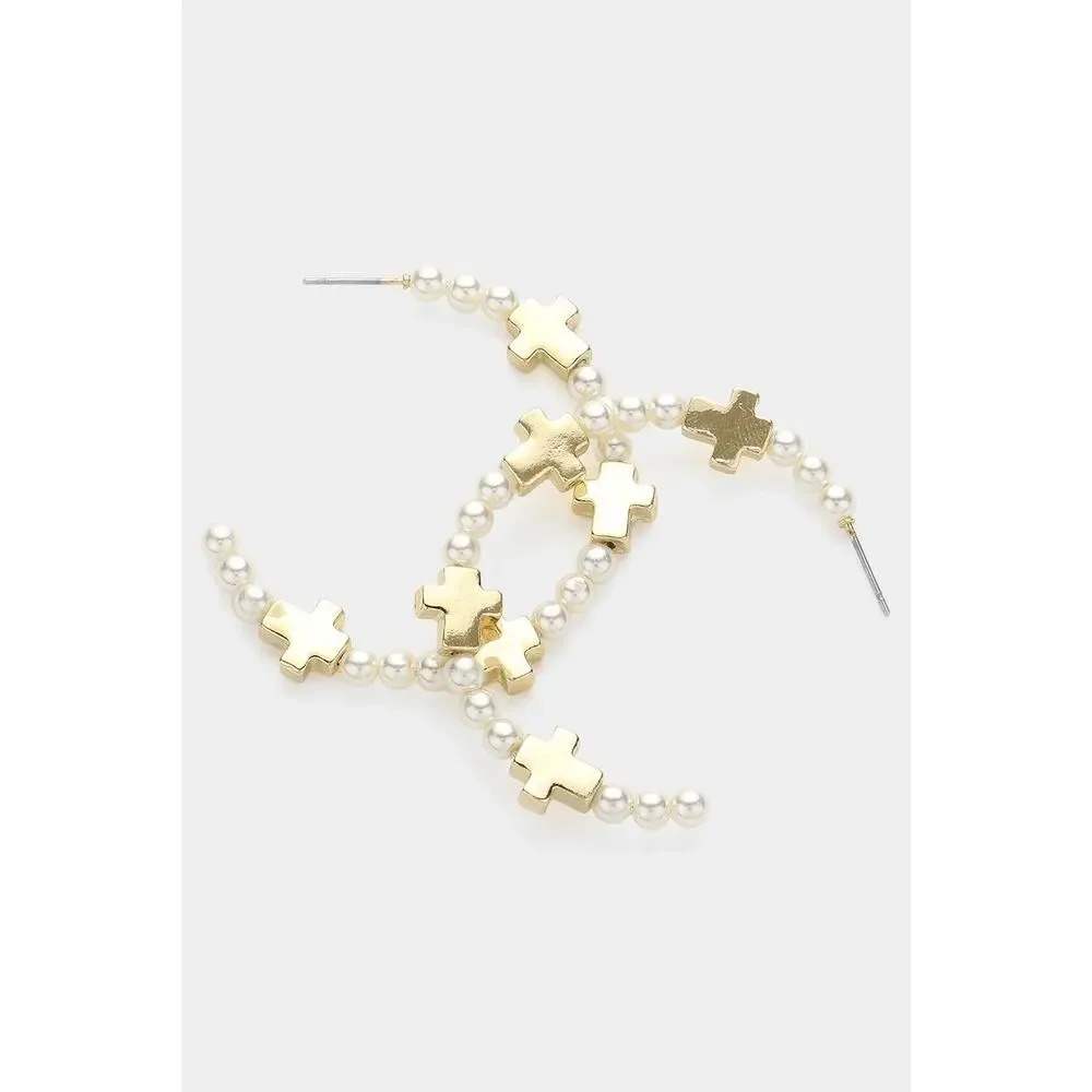 Gold Cross and Pearl Hoop Earrings